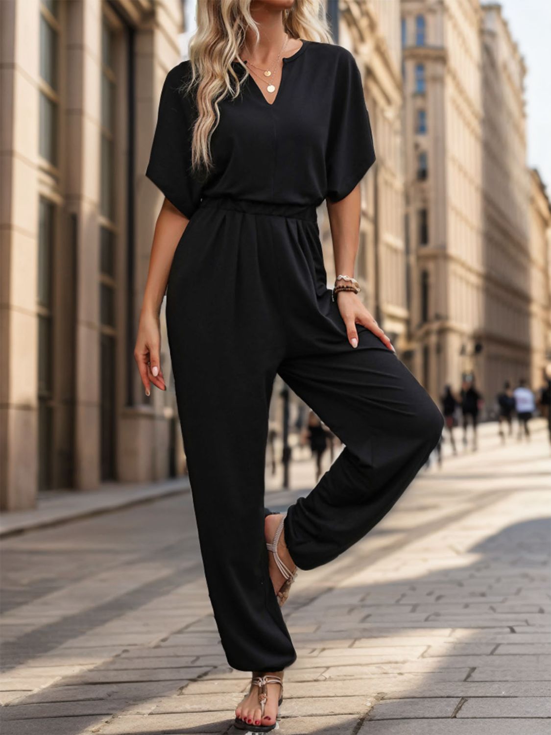 Meredith Half Sleeve Straight Jumpsuit - ThingsWeUseAndLove Black-XL