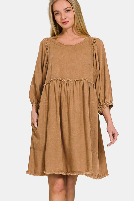 Vera Washed Linen Pleated Puff Sleeve Babydoll Dress - ThingsWeUseAndLove Deep-Camel-L