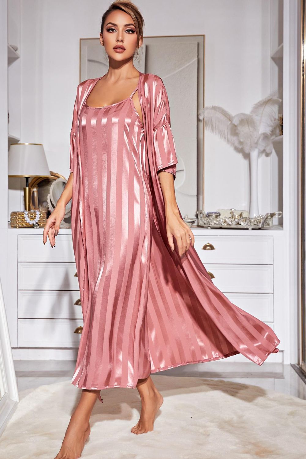 Sweet Dreams Striped Open Front Robe and Cami Dress Set - ThingsWeUseAndLove 