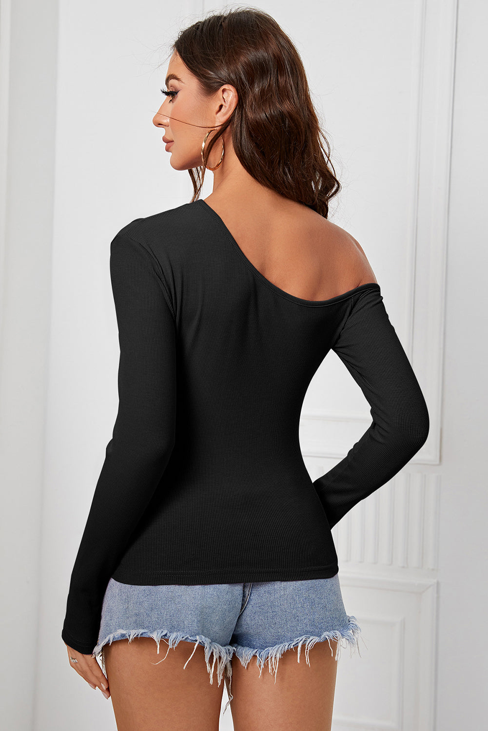 Slanted Shoulder Long Sleeve Irregular Knit Blouse - ThingsWeUseAndLove 