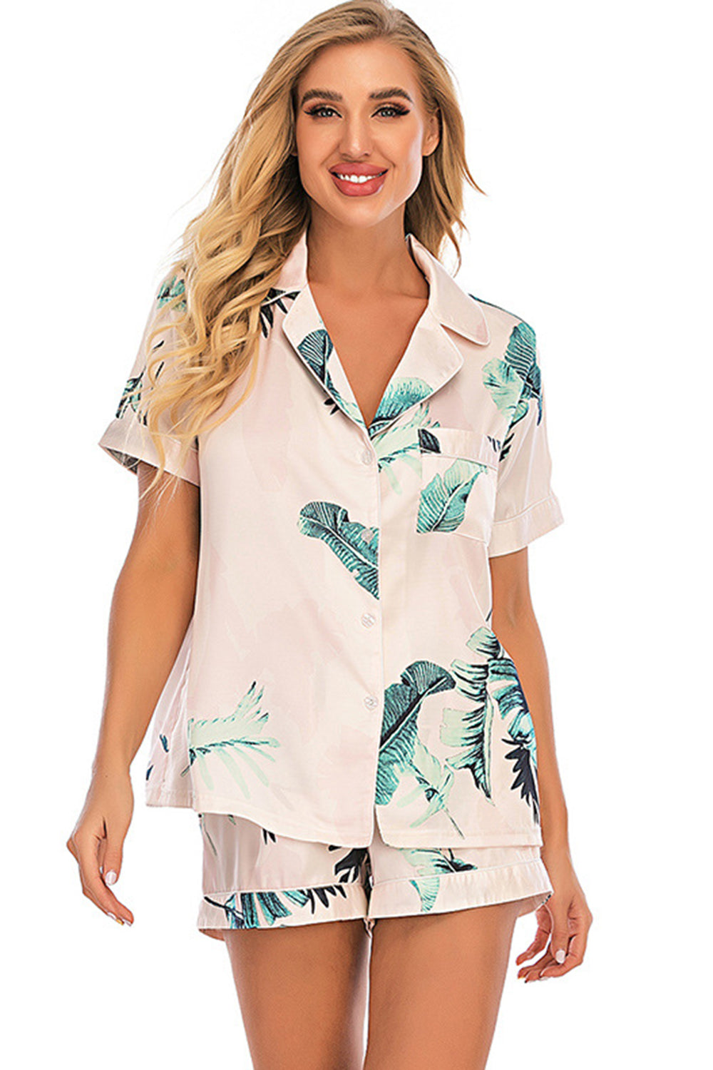 Printed Button Up Short Sleeve Top and Shorts Lounge Set - ThingsWeUseAndLove 