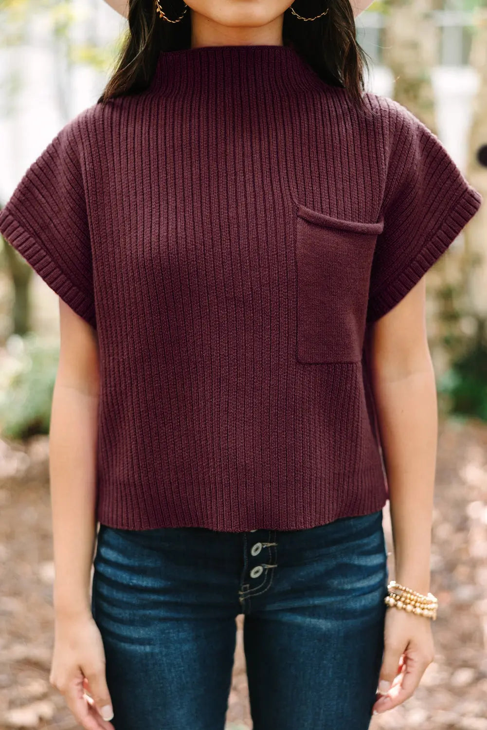 Gold Flame Patch Pocket Ribbed Knit Short Sleeve Sweater - ThingsWeUseAndLove 