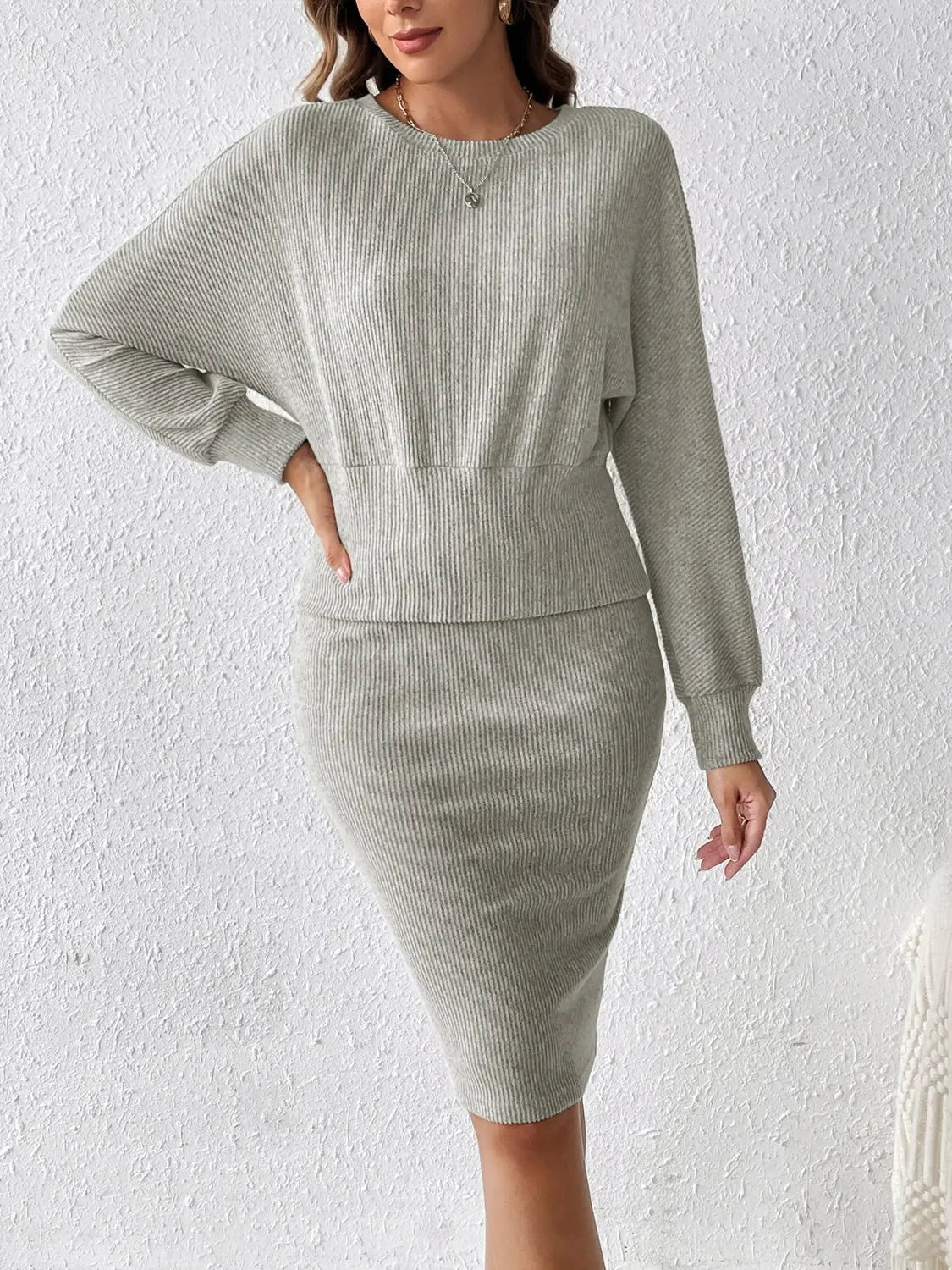 Ribbed Round Neck Top and Skirt Set - ThingsWeUseAndLove Heather-Gray-XL