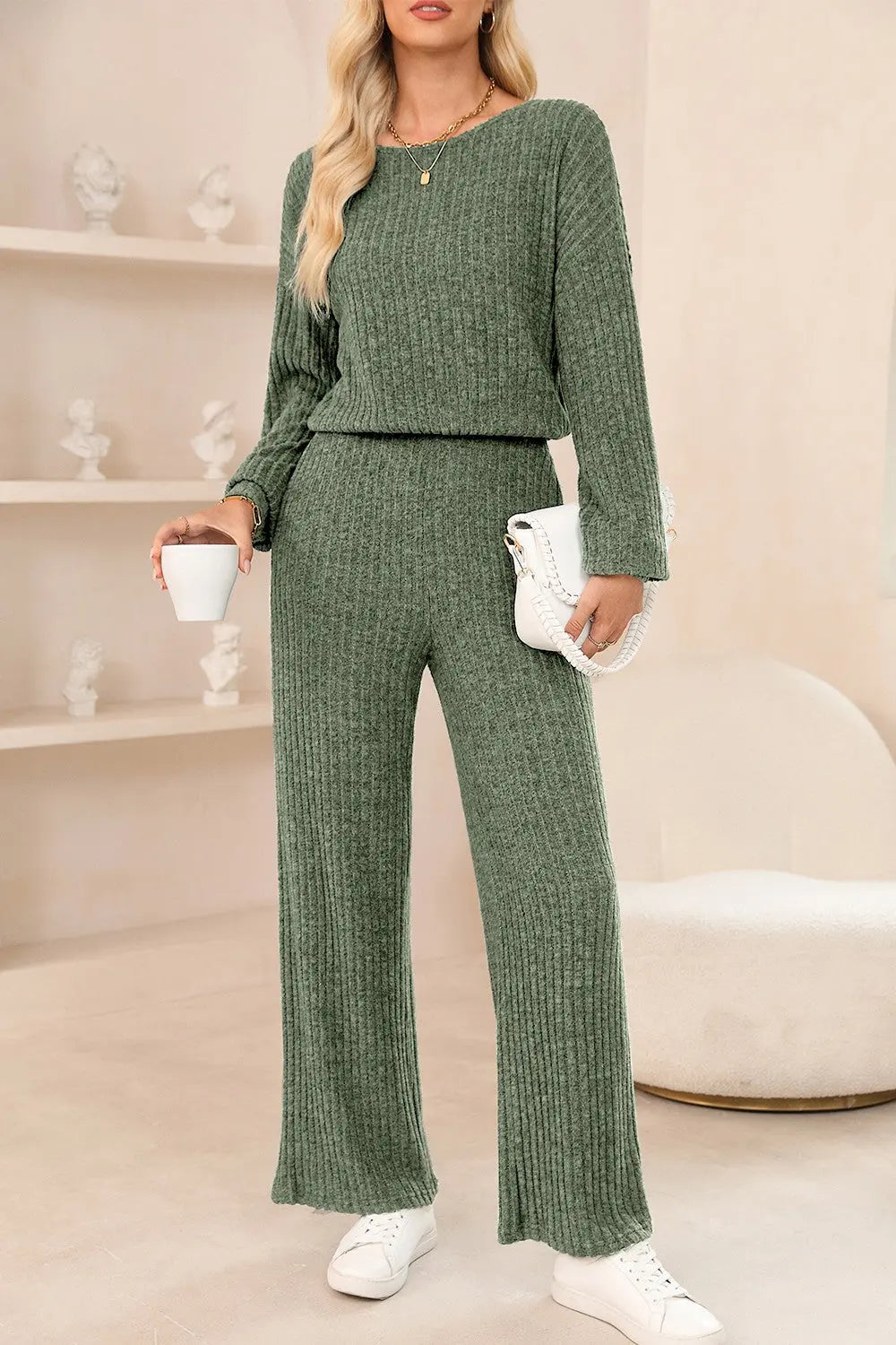 Olga Round Neck Long Sleeve Jumpsuit - ThingsWeUseAndLove Sage-XL