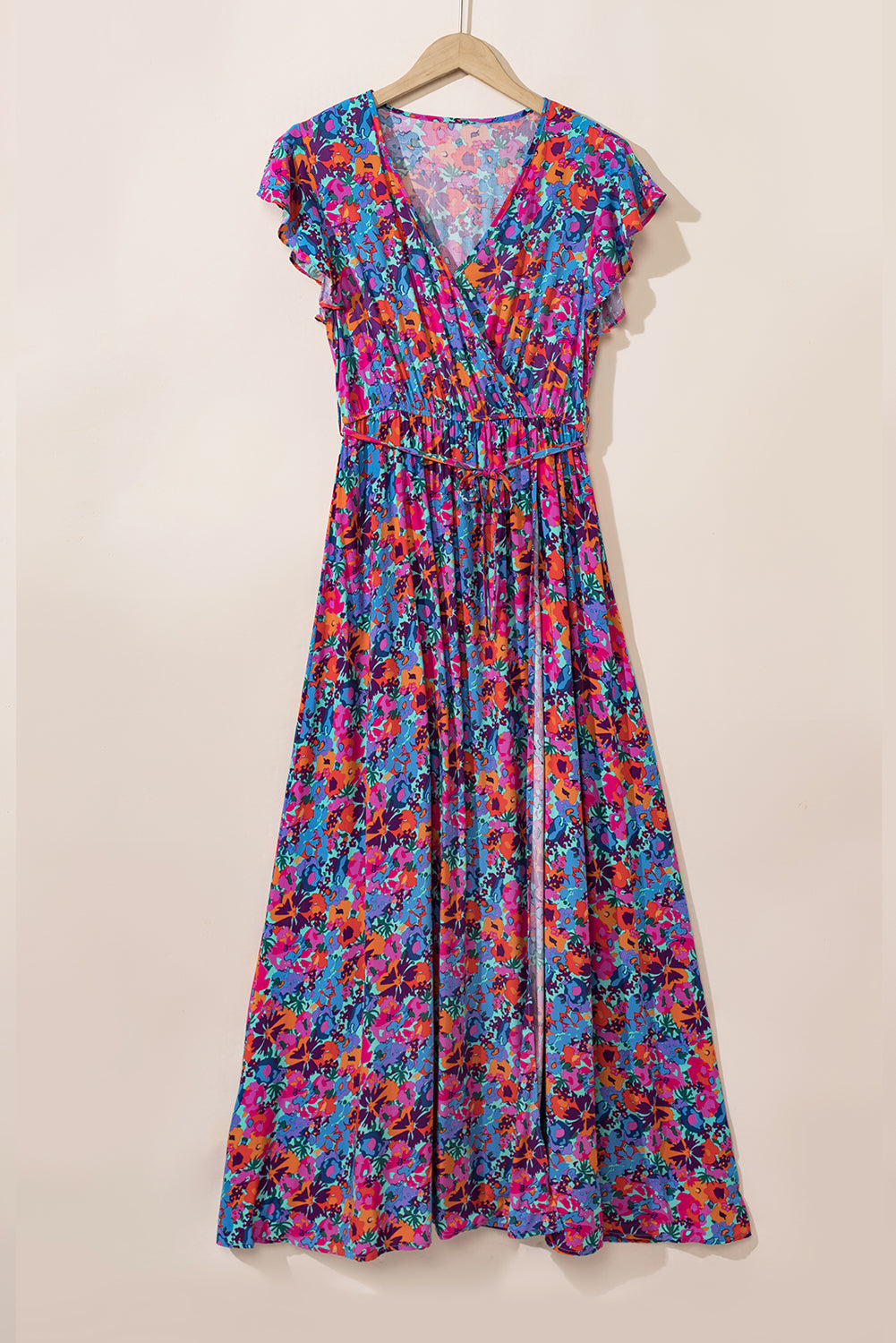 Blue Boho Floral Print V Neck Wrap Split Maxi Dress - ThingsWeUseAndLove 