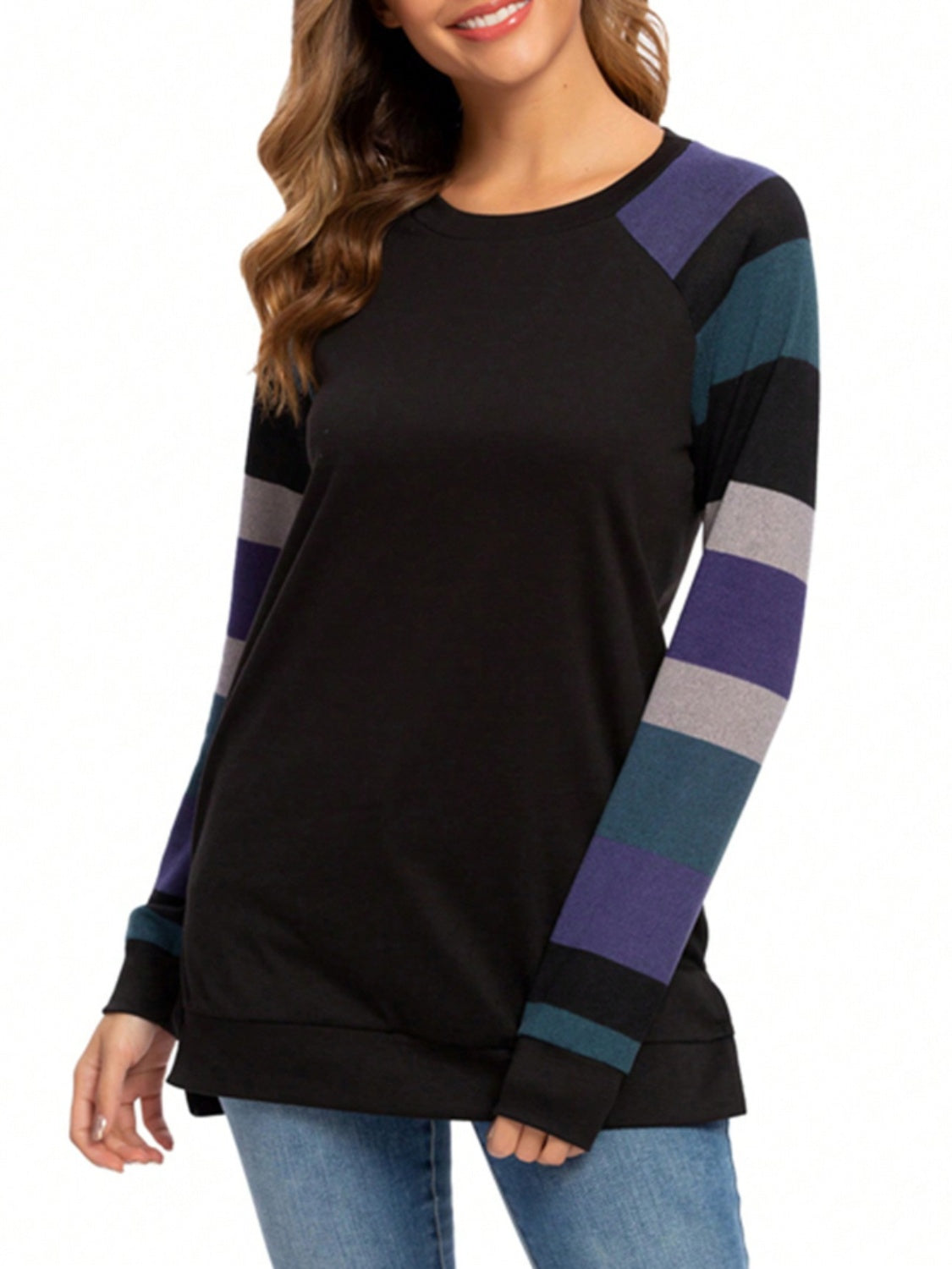 Doria Color Block Round Neck Long Sleeve T-Shirt - ThingsWeUseAndLove 