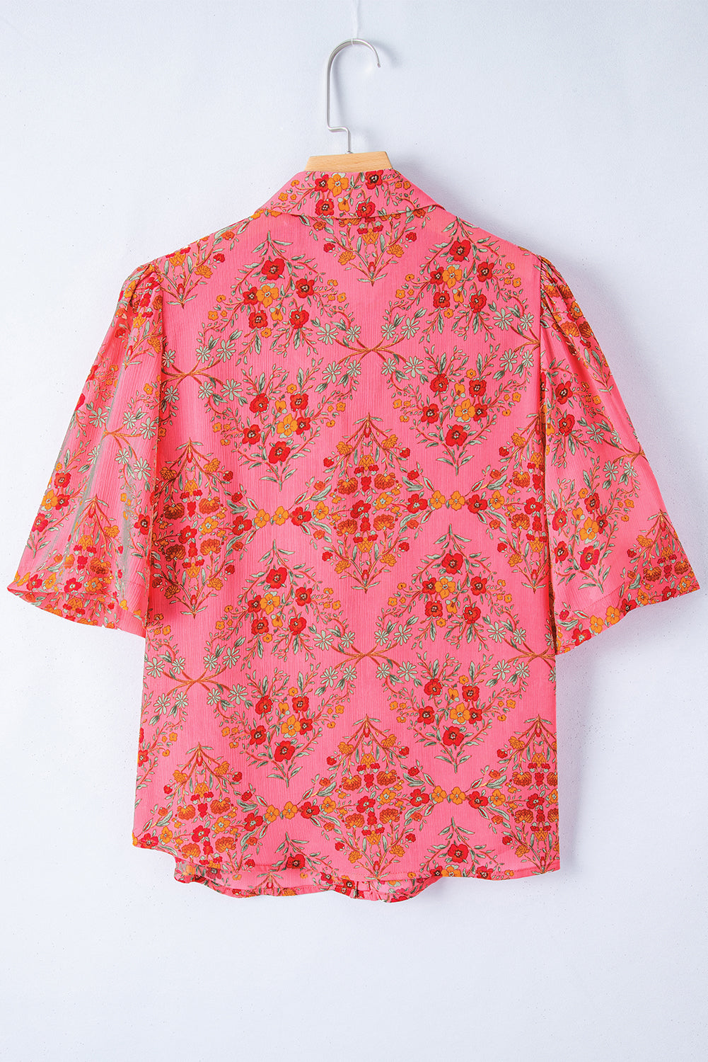 Rose Red Floral Print Wide Short Sleeve Loose Shirt - ThingsWeUseAndLove 