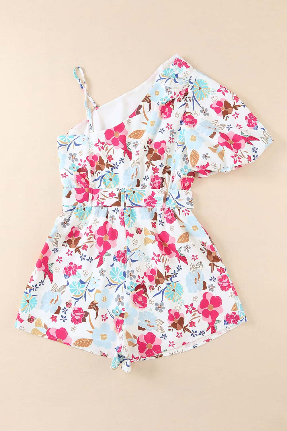 Floral Single Bubble Sleeve Slant Shoulder Belted Romper - ThingsWeUseAndLove 