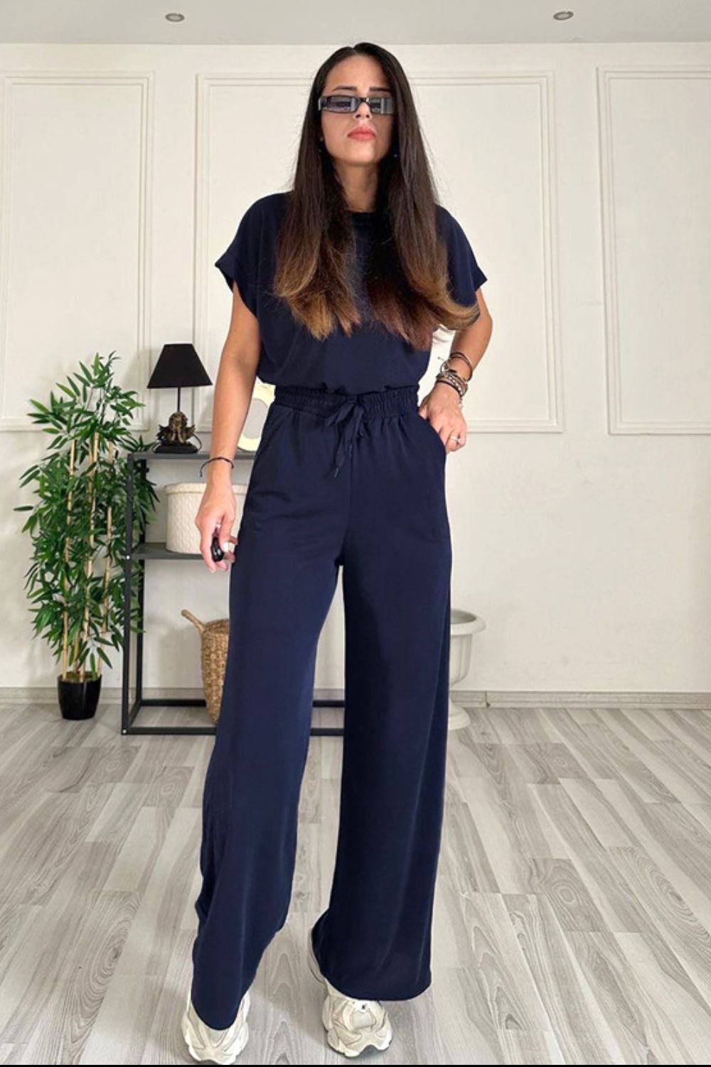 Round Neck Short Sleeve Top and Drawstring Pants Set - ThingsWeUseAndLove Dark-Blue-2XL