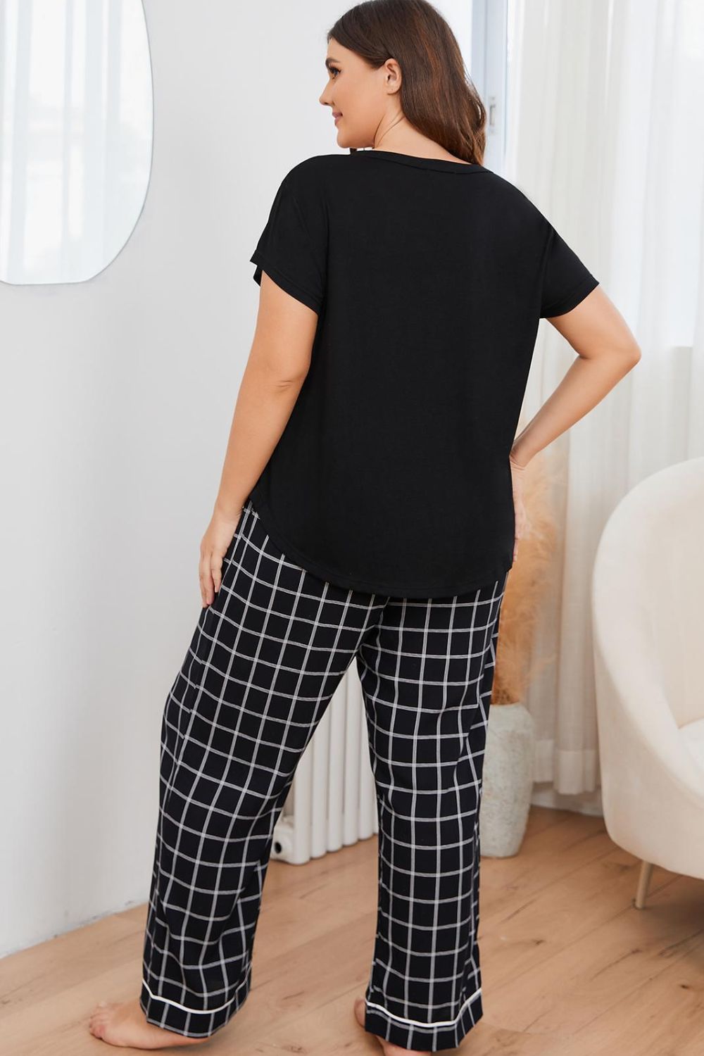 Dreamland Size Inclusive V-Neck Top and Plaid Pants Lounge Set - ThingsWeUseAndLove 