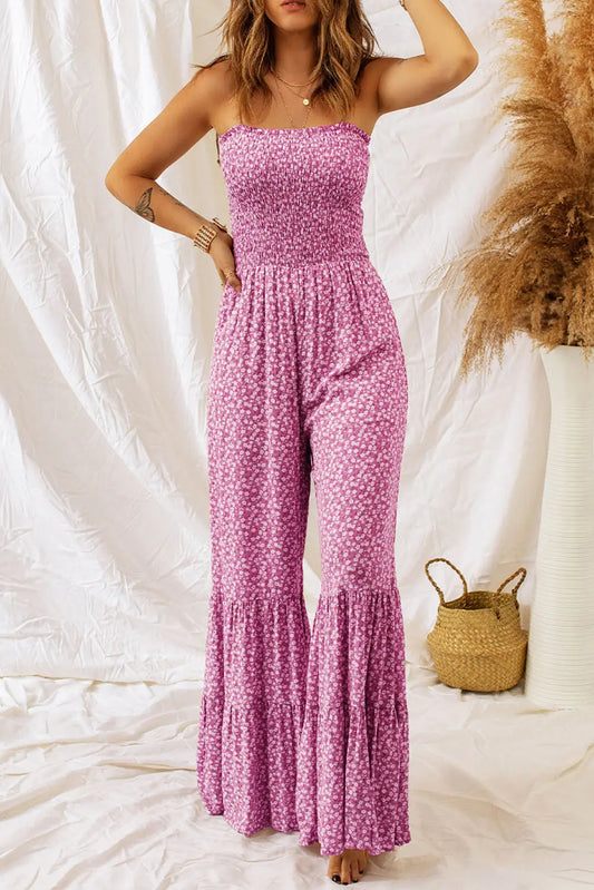 Smocked Printed Wide Strap Jumpsuit - ThingsWeUseAndLove Hot-Pink-XL