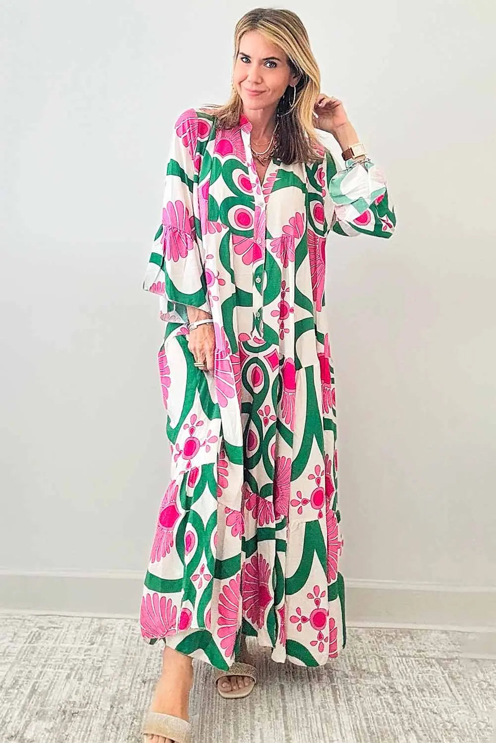 Oversized Pink Boho Abstract Button V Neck  Maxi Dress - ThingsWeUseAndLove 