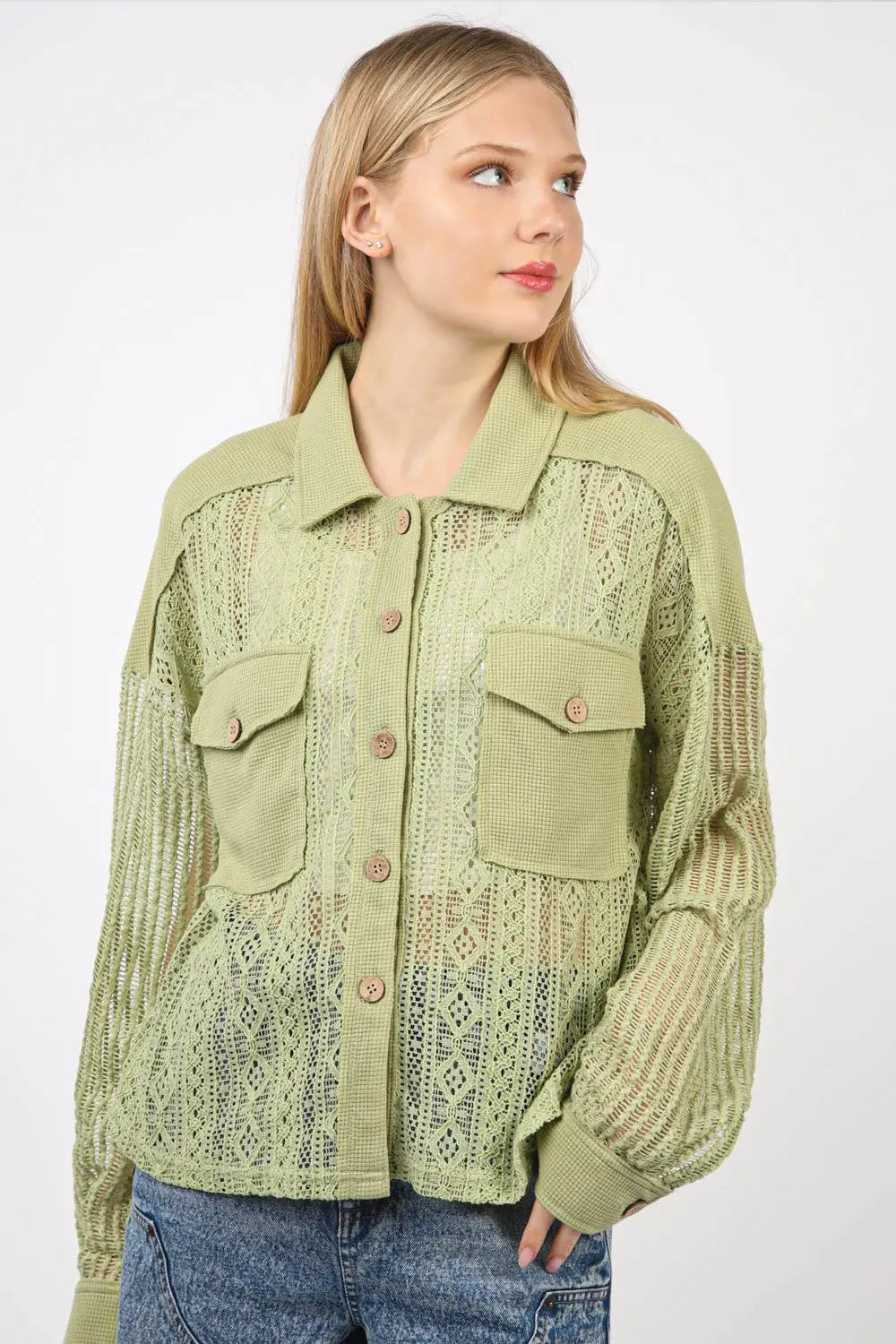 Crystal Button Up Long Sleeve Lace Shirt - ThingsWeUseAndLove Sage-L