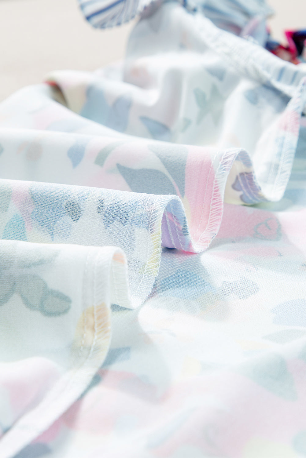 Light Blue Floral Print Striped Ruffled Sleeve Blouse - ThingsWeUseAndLove 