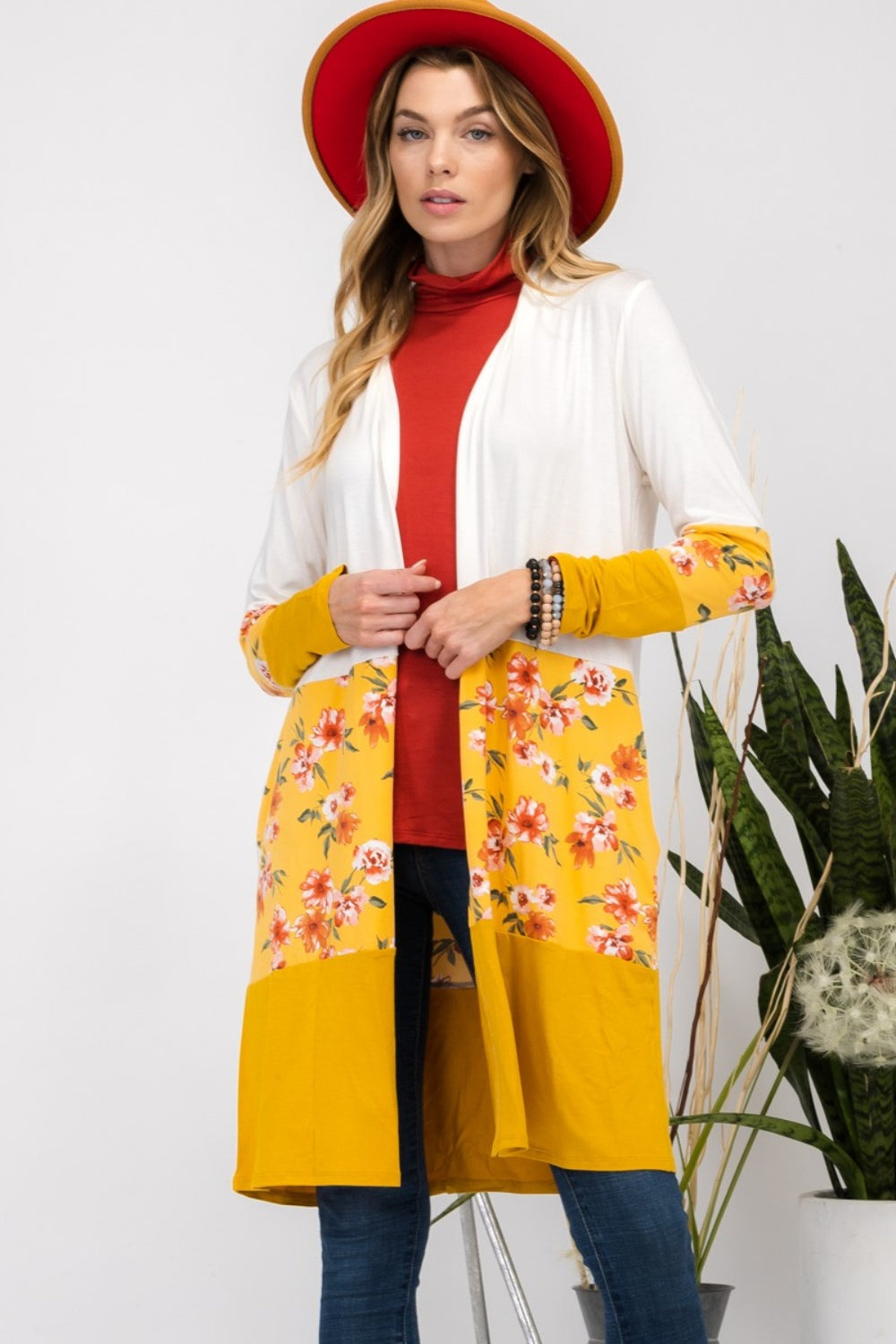 Floral Color Block Ivory/Mustard Open Front Cardigan - ThingsWeUseAndLove Ivory-Mustard-3XL