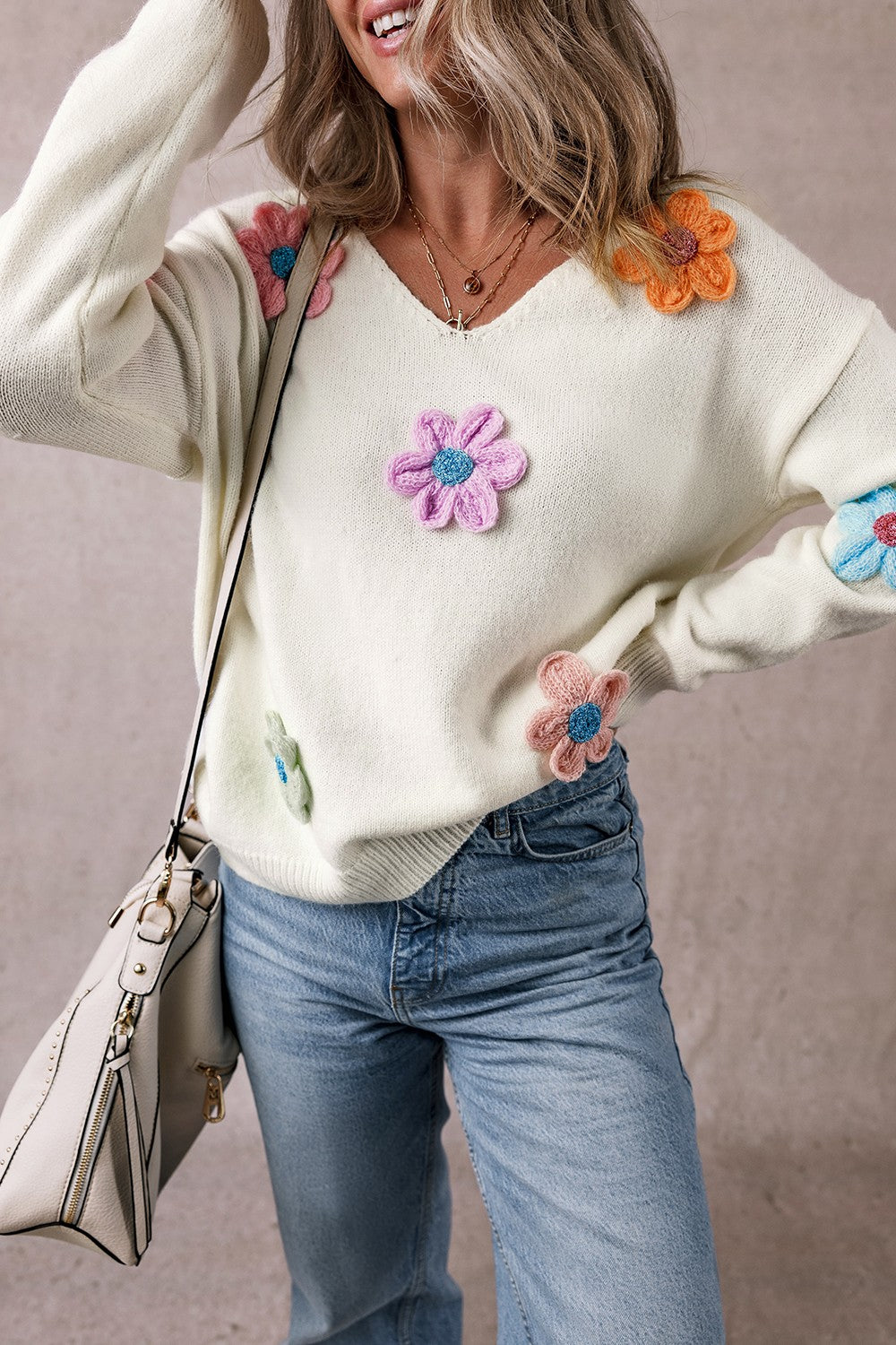 Noomi Crochet Flower V-Neck Long Sleeve Sweater - ThingsWeUseAndLove 