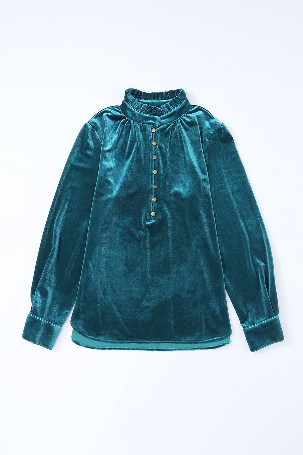 Frilled Neck Buttoned Front Velvet Top - ThingsWeUseAndLove 