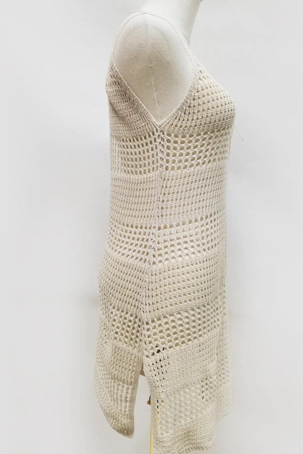 Sleeveless Beige Open Back Hollowed Knit  Beach Cover Up - ThingsWeUseAndLove 