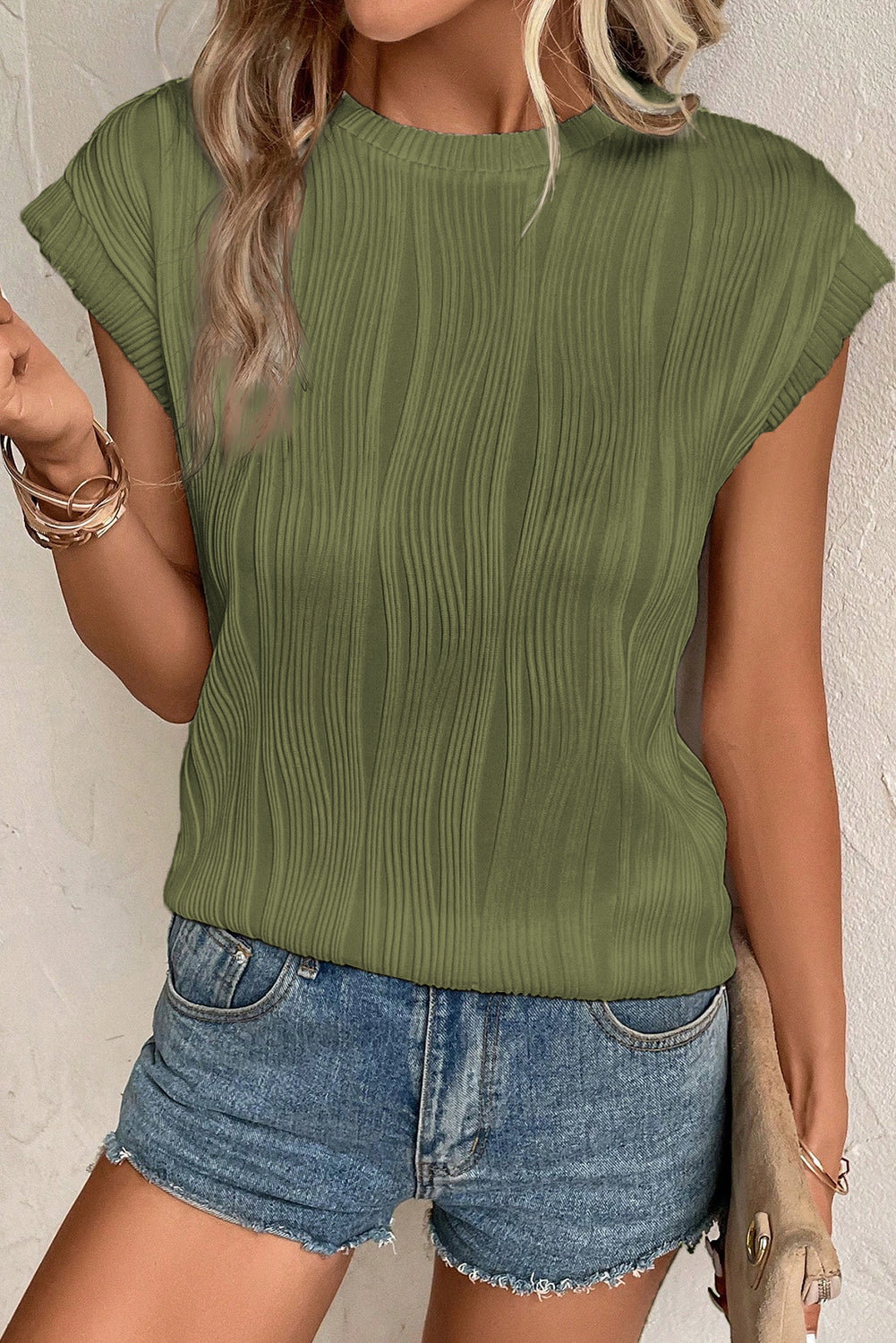 Wavy Textured Cap Sleeve Top - ThingsWeUseAndLove 