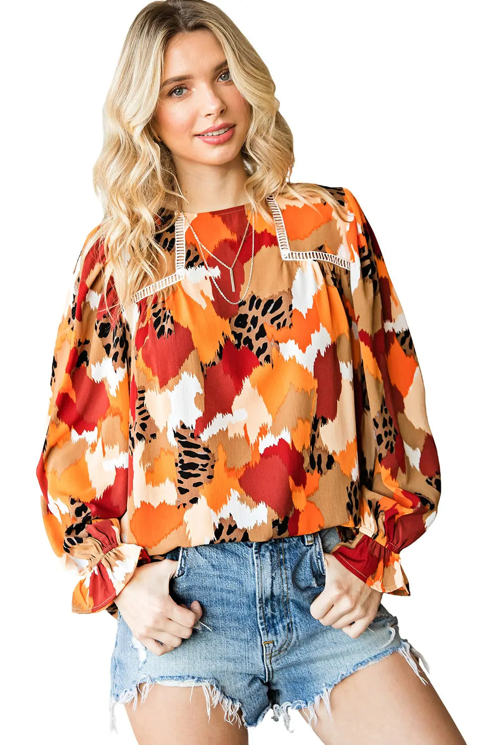 Boho Frill Multicolor Abstract Print Long Sleeve Blouse - ThingsWeUseAndLove 