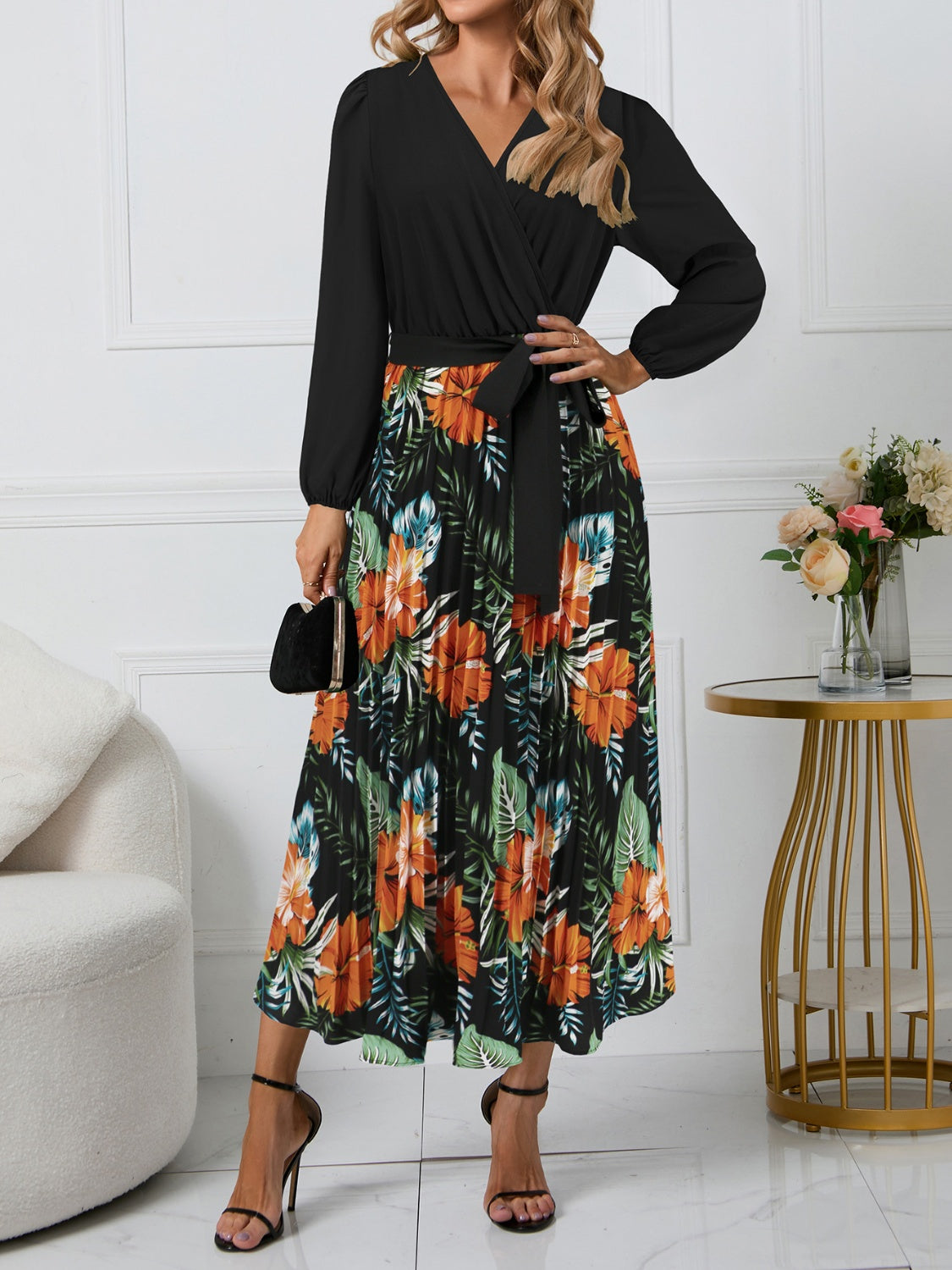 Rilla Pleated Printed Surplice Long Sleeve Dress - ThingsWeUseAndLove 