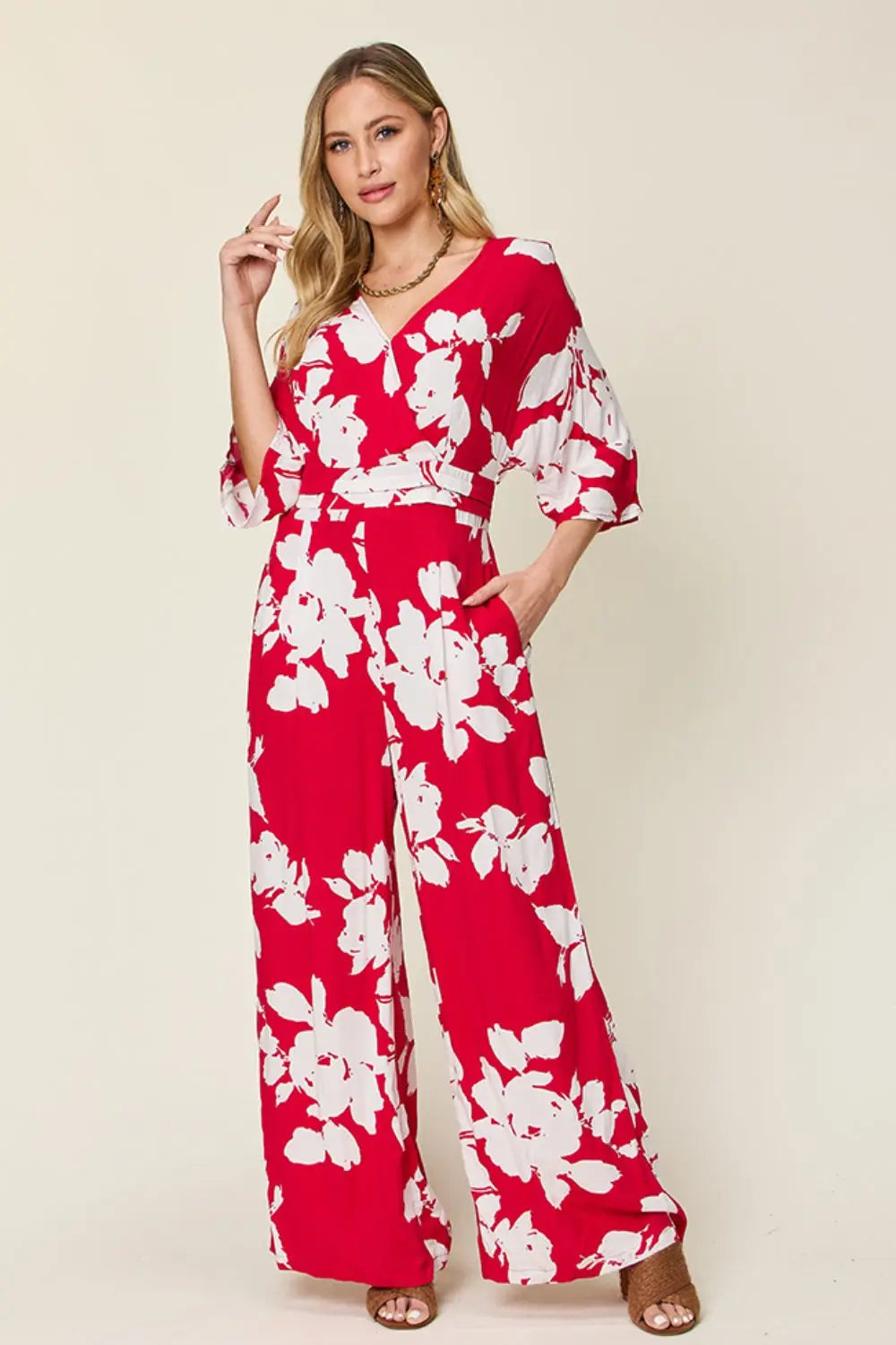 Size Inclusive Printed Tie Back Wide Leg Jumpsuit - ThingsWeUseAndLove Deep-Rose-3XL