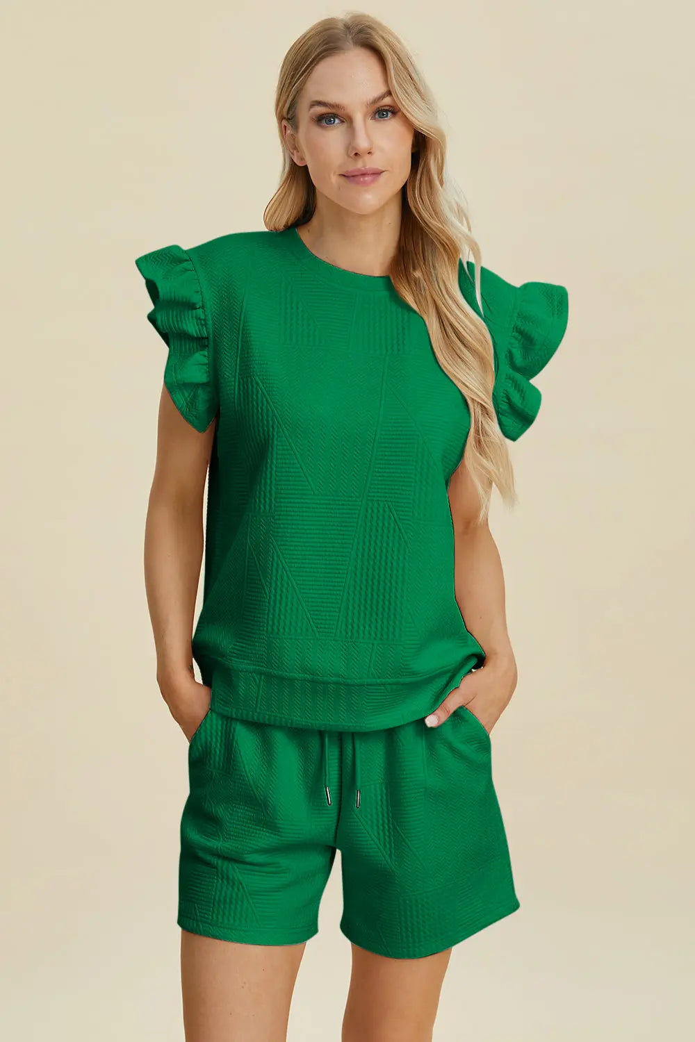 Texture Round Neck Ruffle Sleeve Top and Shorts Set - ThingsWeUseAndLove Dark-Green-3XL