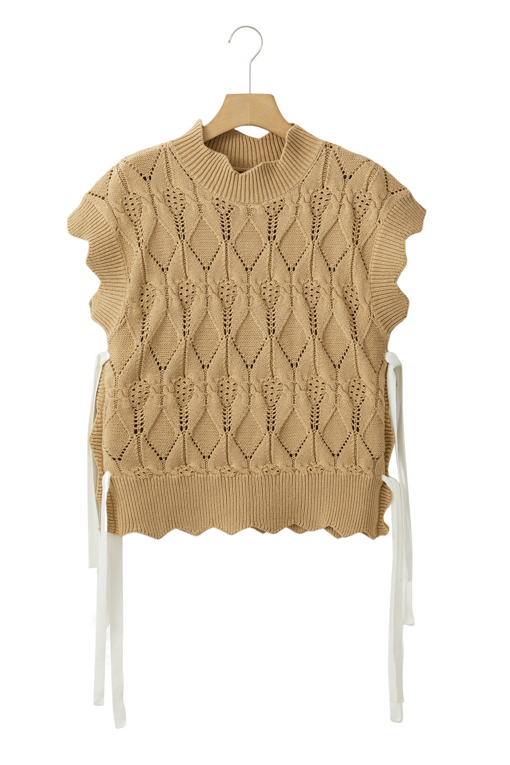 Hollowed Knit Scalloped Trim High Neck Sweater - ThingsWeUseAndLove 