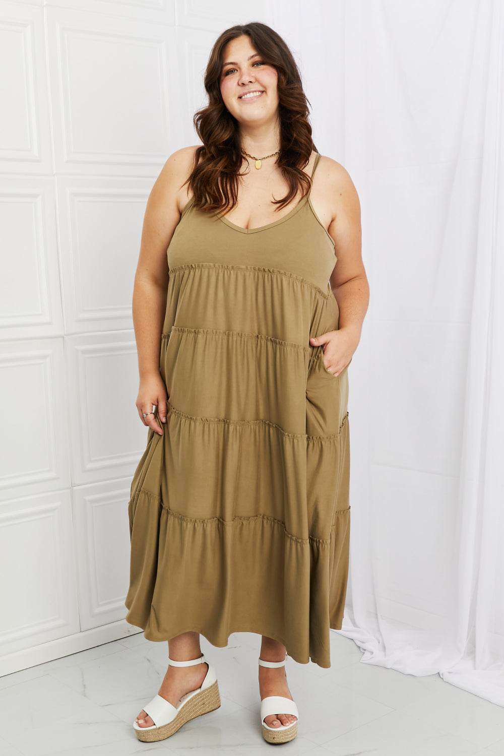 Spaghetti Strap Tiered Dress with Pockets in Khaki - ThingsWeUseAndLove 