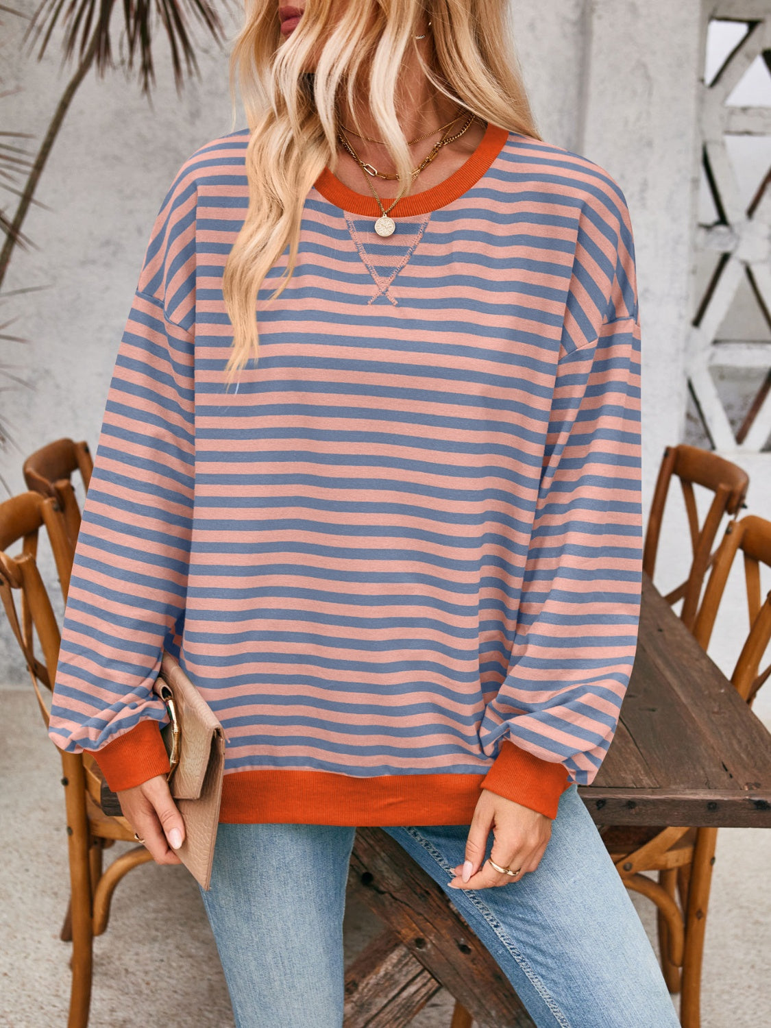Aviana Contrast Striped Long Sleeve Sweatshirt - ThingsWeUseAndLove 