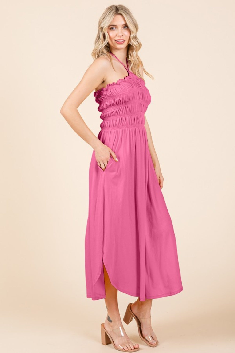 Tie Back Flamingo Pink Shirring Dress with Pockets - ThingsWeUseAndLove 