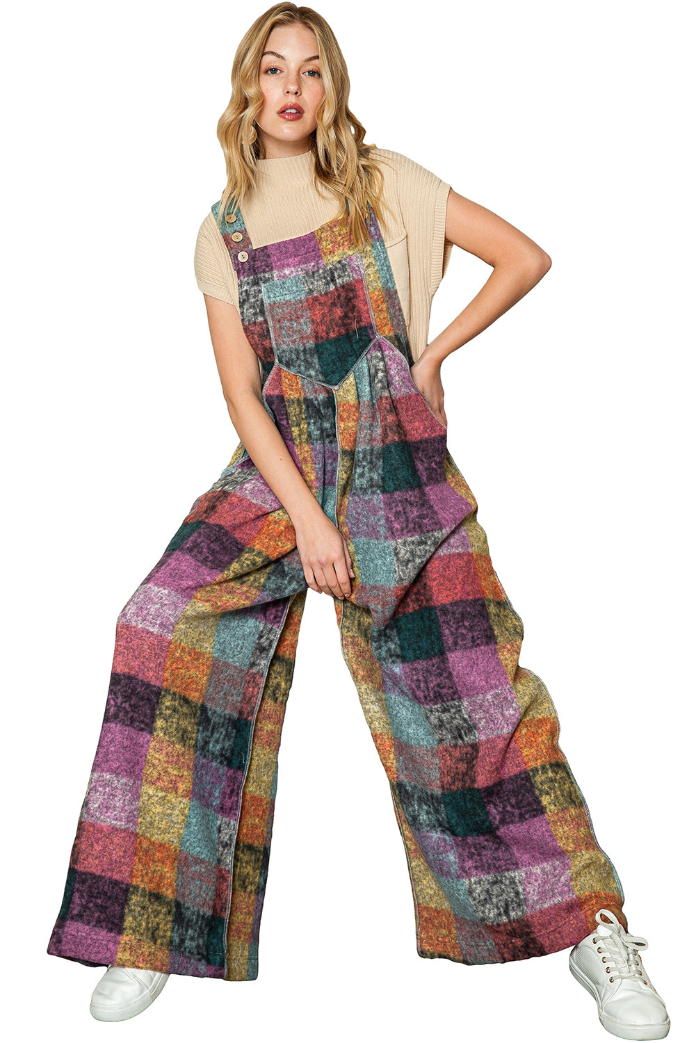 Multicolor Brushed Checked Pockets Pleated Wide Leg Overall - ThingsWeUseAndLove 