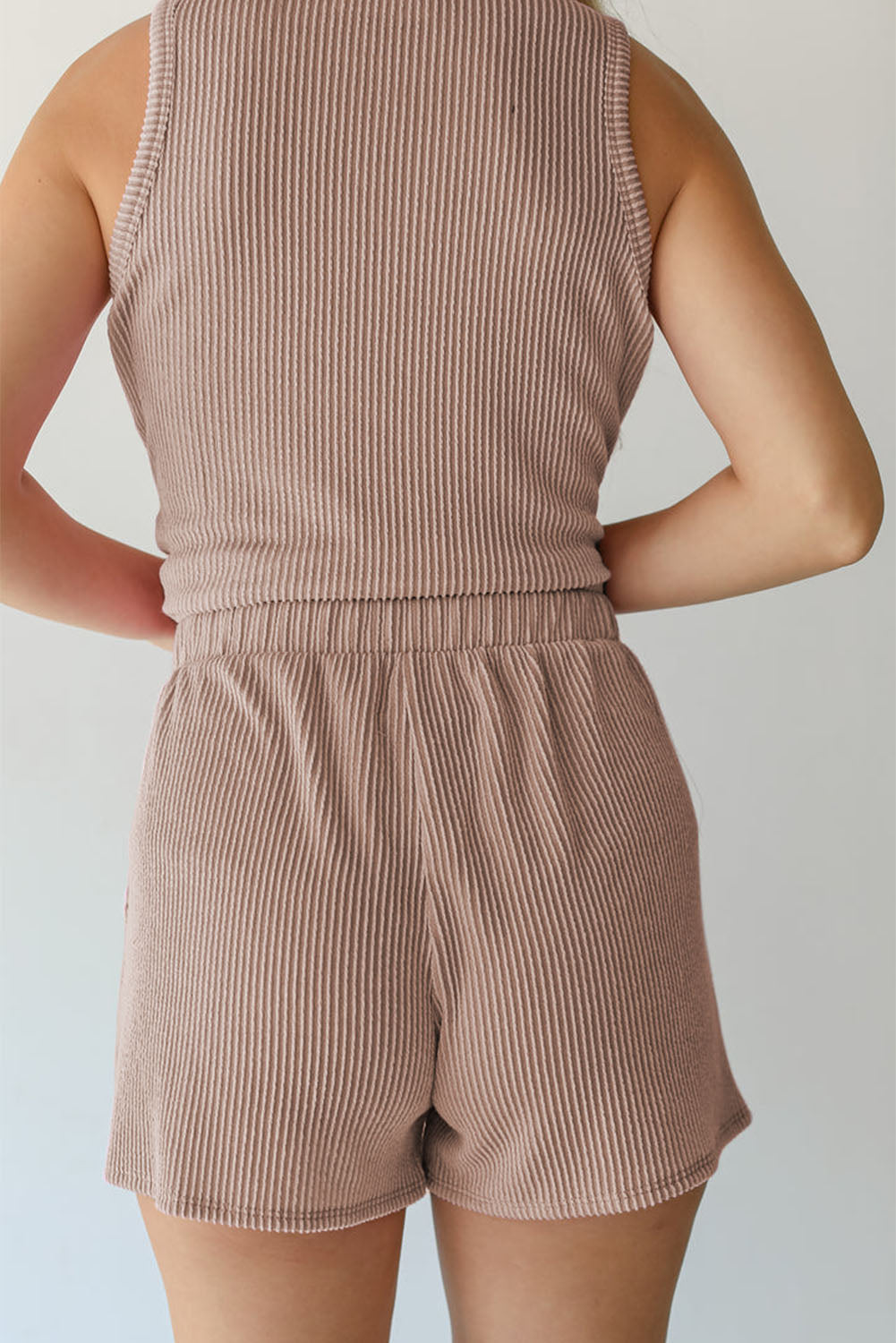 Smoke Gray Corded Sleeveless Top and Pocketed Shorts Set - ThingsWeUseAndLove 