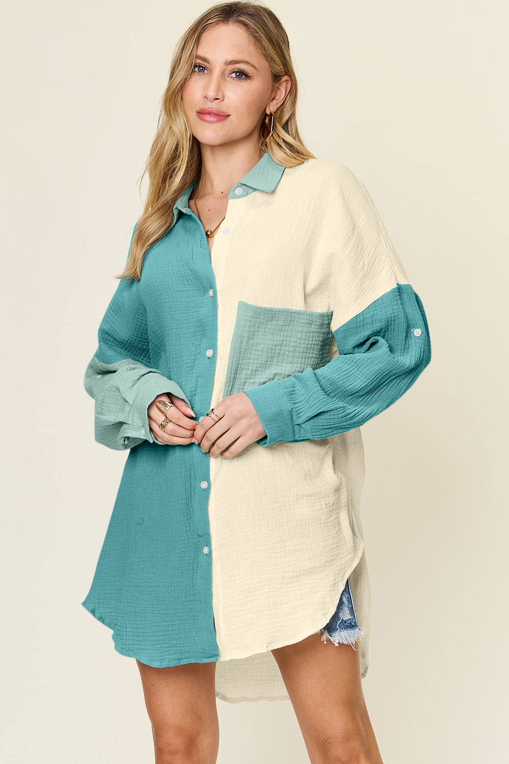 Simone Size Inclusive Pocketed Texture Button Up Shirt - ThingsWeUseAndLove 