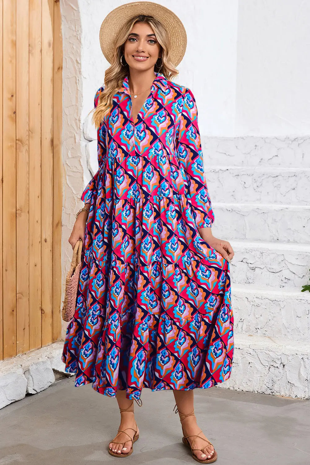 Notch Neck Tiered Multicolor Abstract Geometric Print Boho Dress - ThingsWeUseAndLove 