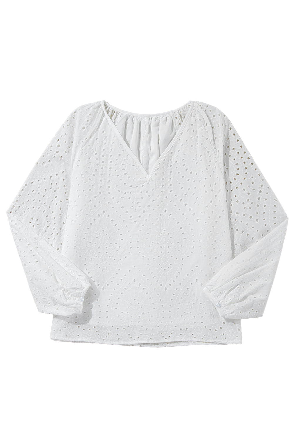 Eyelet Embroidered V Neck Puff Sleeve Blouse - ThingsWeUseAndLove 