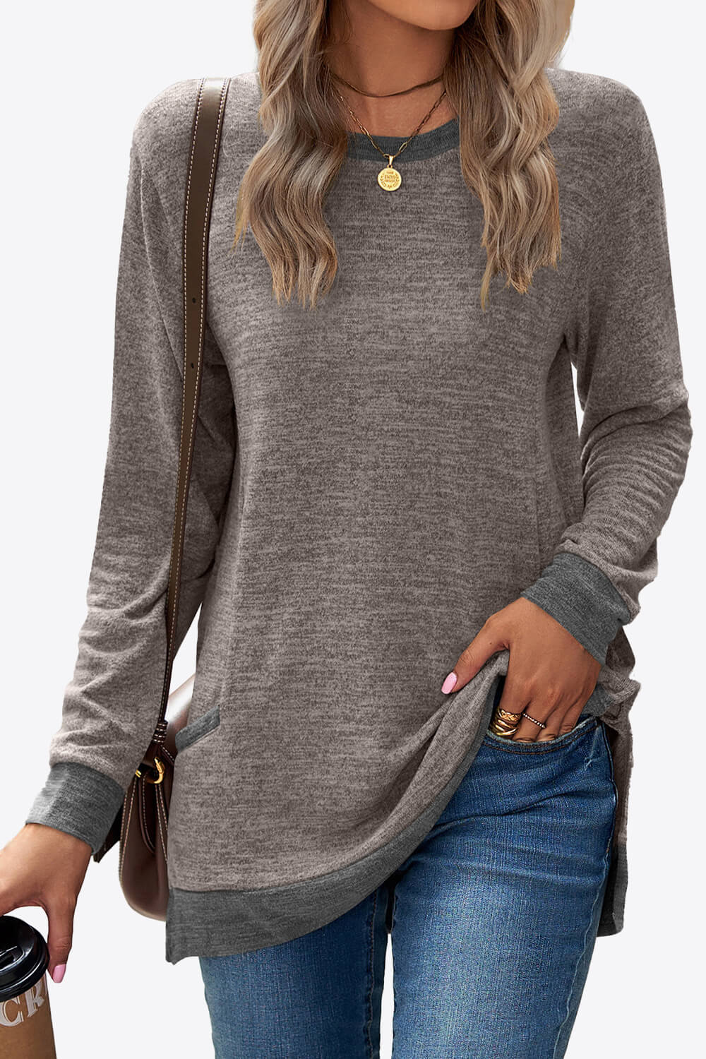 Heathered Slit Top with Pockets - ThingsWeUseAndLove Brown-2XL