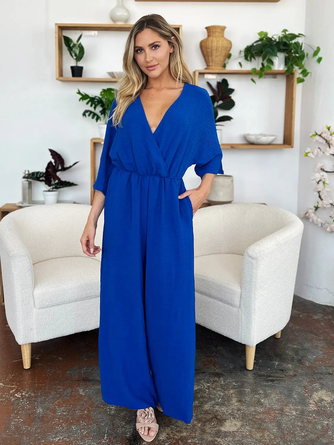 Size Inclusive Surplice Wide Leg Jumpsuit with Pockets - ThingsWeUseAndLove 