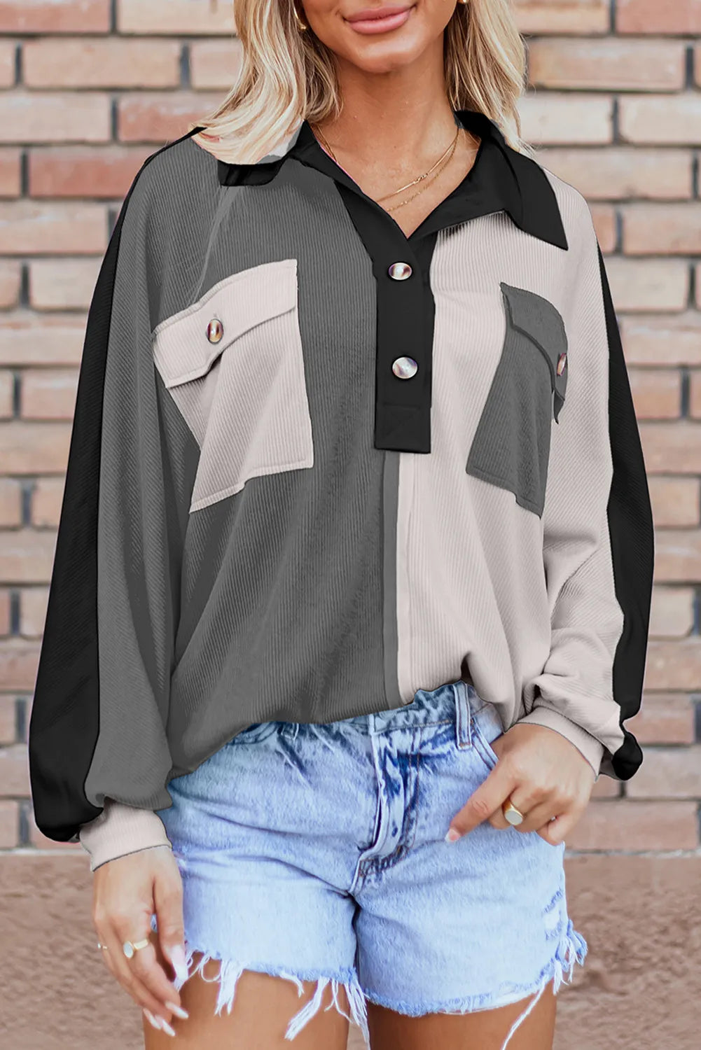 Stormy Contrast Long Sleeve Pocketed Sweatshirt