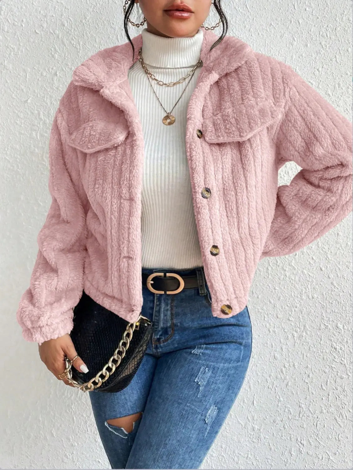 Lippy Fuzzy Button Up Collared Neck Jacket - ThingsWeUseAndLove 