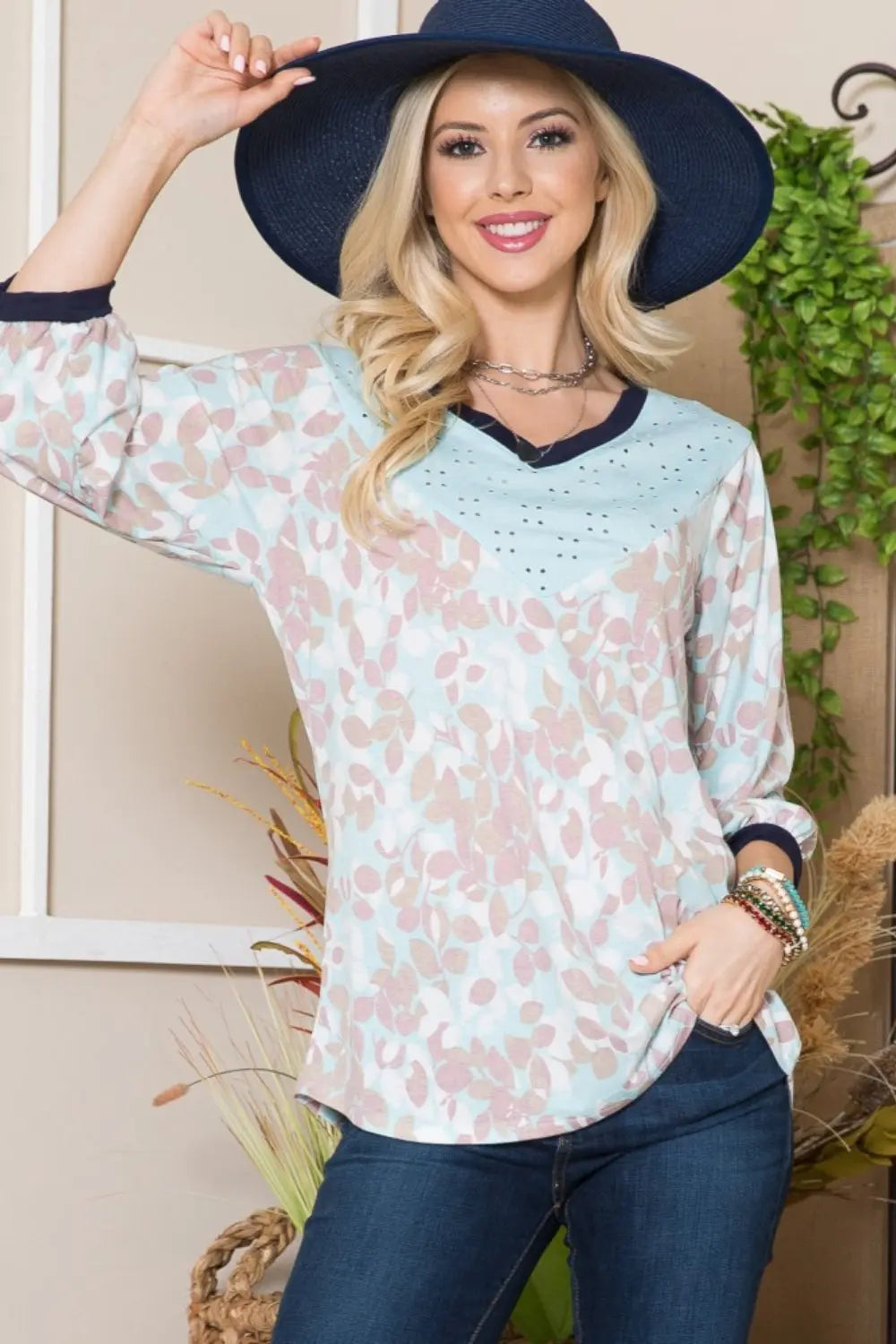 Ena Size Inclusive Leaf Print Contrast Trim Balloon Sleeve Top - ThingsWeUseAndLove Mint-Taupe-3XL