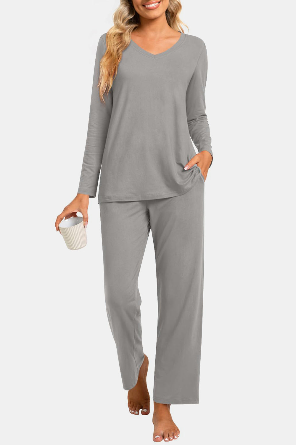 Tamaska Long Sleeve Top and Pants Lounge Set - ThingsWeUseAndLove Gray-2XL