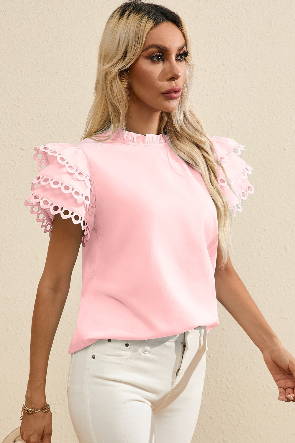 Ruffled Eyelet Round Neck Cap Sleeve Blouse - ThingsWeUseAndLove Blush-Pink-XL