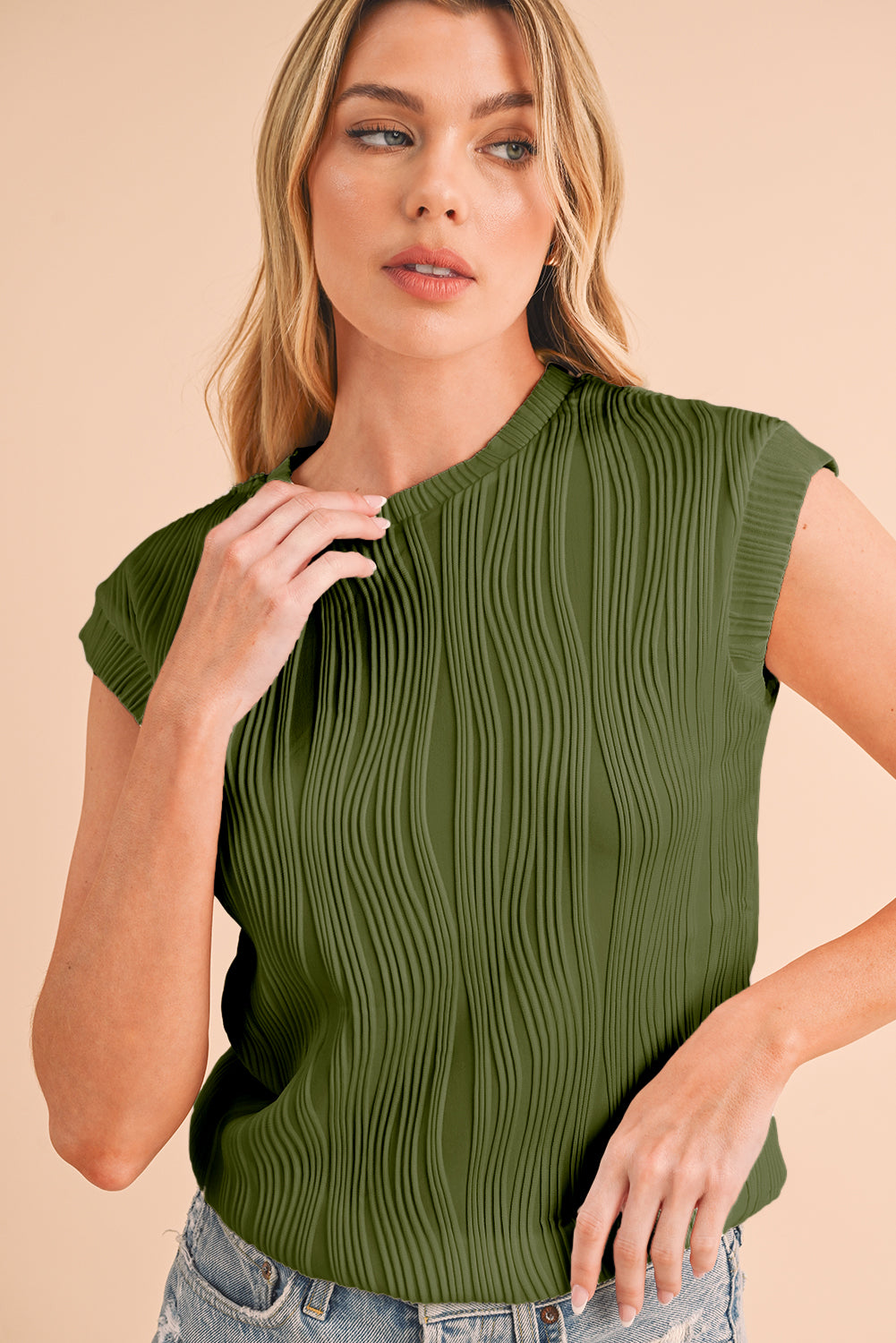Wavy Textured Cap Sleeve Top - ThingsWeUseAndLove Jungle-Green-2XL