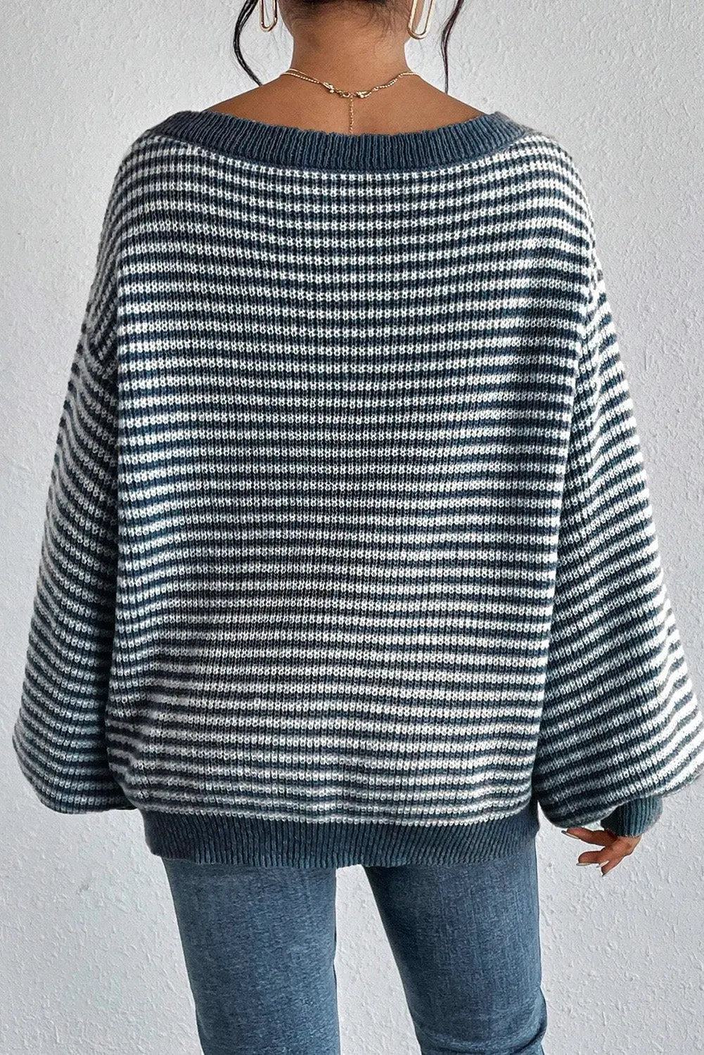 Sail Blue Striped Drop Shoulder Lantern Sleeve Sweater - ThingsWeUseAndLove 