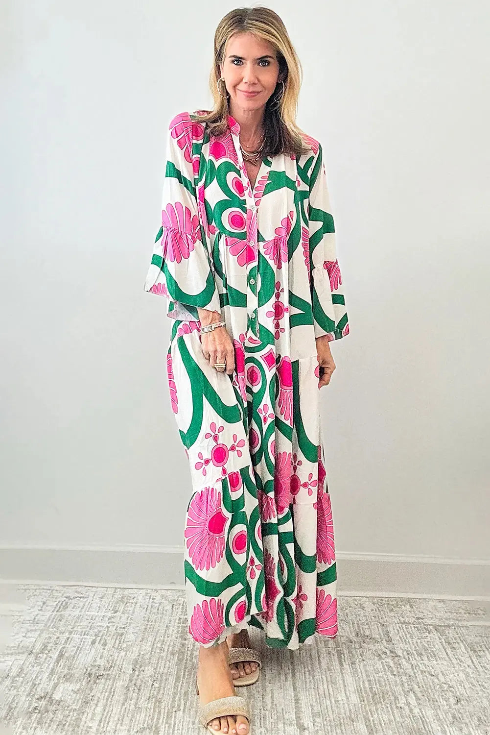 Oversized Pink Boho Abstract Button V Neck  Maxi Dress - ThingsWeUseAndLove 