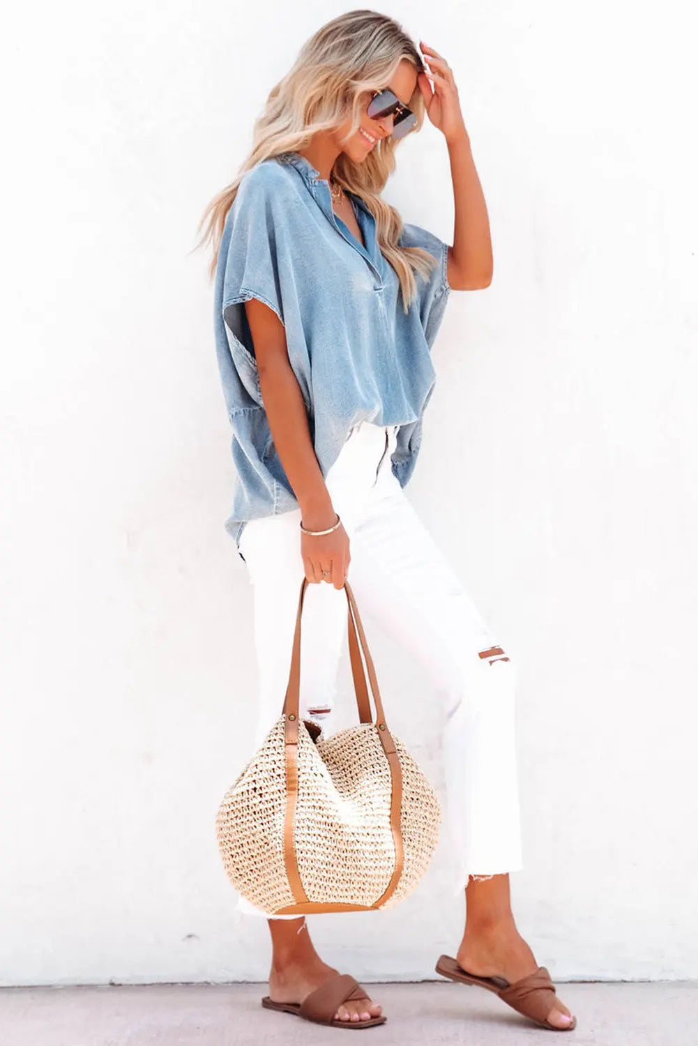 Sky Blue Split V Neck Loose Denim Blouse - ThingsWeUseAndLove 