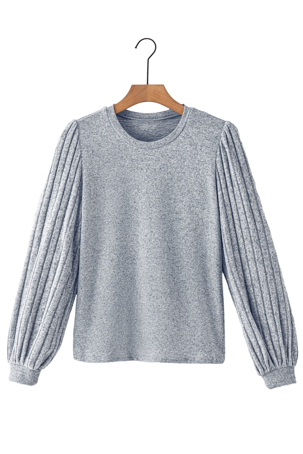 Gray Solid Color Contrast Ribbed Bishop Sleeve Top - ThingsWeUseAndLove 