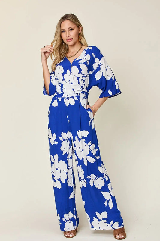 Size Inclusive Printed Tie Back Wide Leg Jumpsuit - ThingsWeUseAndLove Royal-Blue-3XL