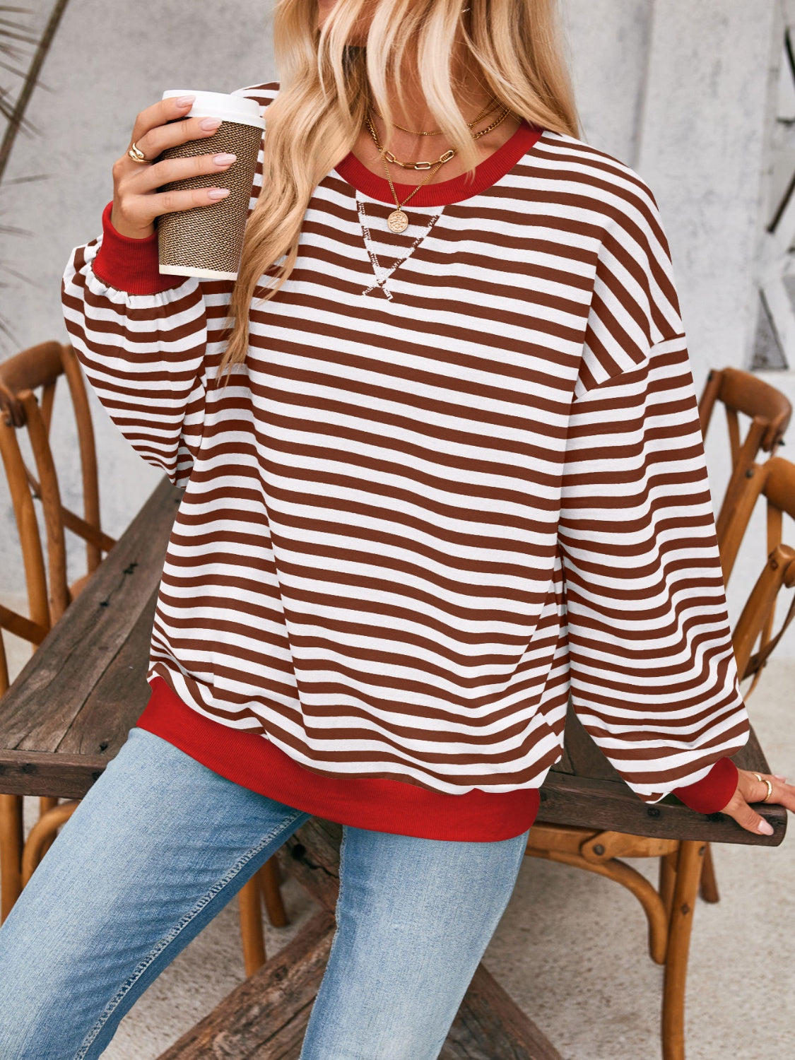 Aviana Contrast Striped Long Sleeve Sweatshirt - ThingsWeUseAndLove 